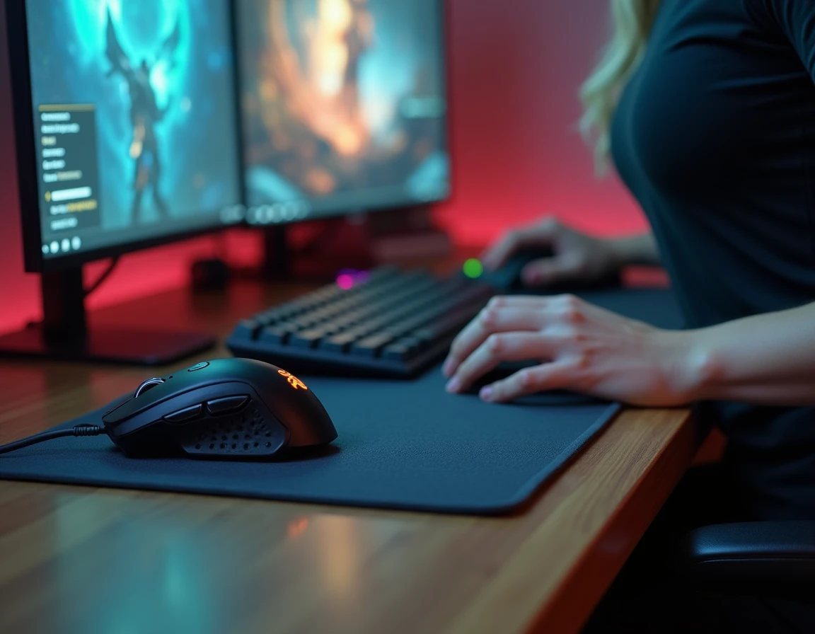 Joueuse comparant deux souris MMO côte à côte sur un bureau gaming pour choisir la plus adaptée