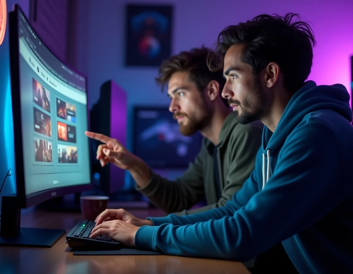 Deux amis comparant Instant Gaming et des sites similaires pour acheter des jeux vidéo moins chers en ligne