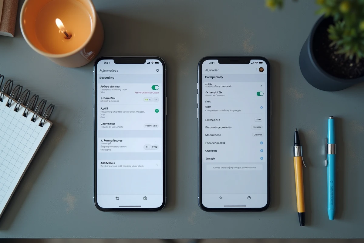 Comparaison de compatibilité eSIM entre iPhone et Android pour Maroc Telecom sur un bureau en béton