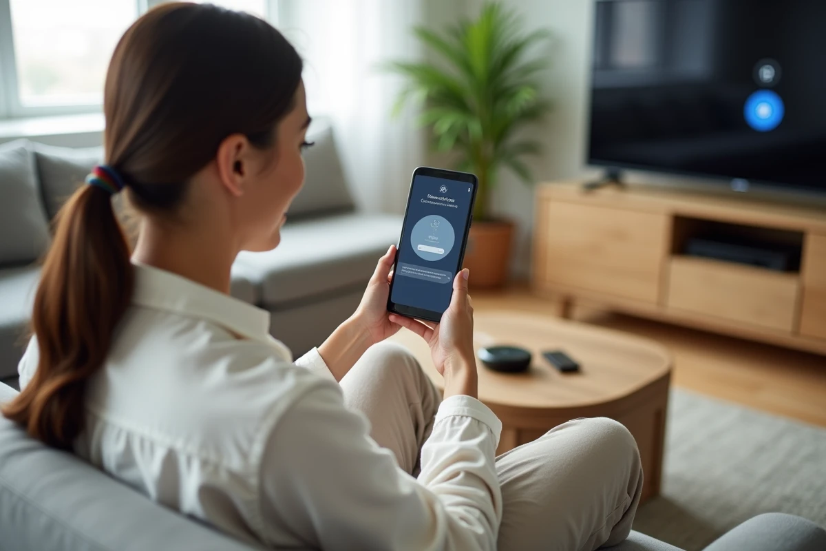 Femme configurant un Chromecast via l'application Google Home sur son smartphone dans son salon
