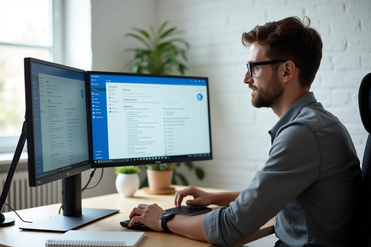 Homme configurant Outlook avec un compte email de l'Université de Nantes sur un bureau à domicile avec double écran