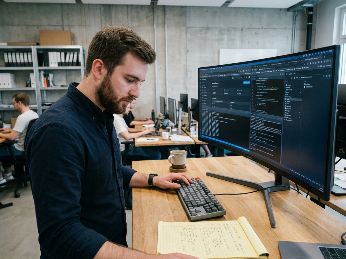 Développeur configurant les paramètres de serveur et les fichiers d'un hébergement O2switch sur un grand écran en espace de coworking