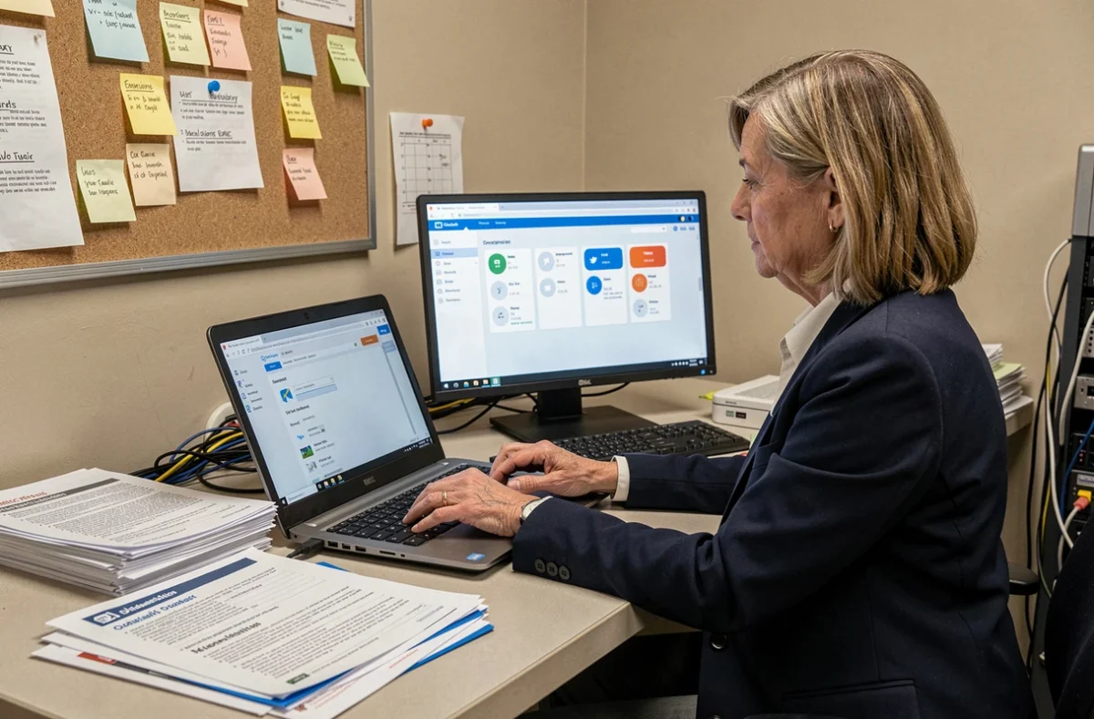 Technicienne informatique configurant la synchronisation Outlook et messagerie INRAE sur poste de travail