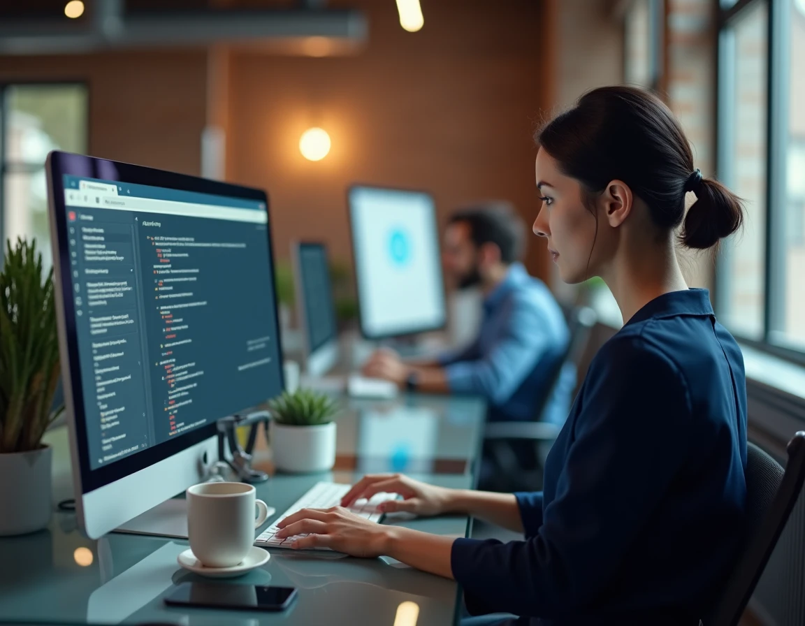 Femme en espace de coworking consultant les paramètres de connexion bloquée sur ordinateur