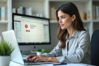 Femme connectée à sa messagerie académique Convergence sur un ordinateur portable dans un bureau universitaire