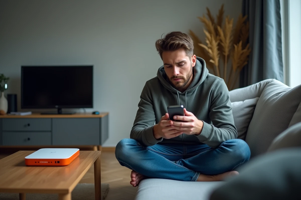 Jeune homme cherchant la clé de sécurité Wi-Fi sur sa Livebox Orange pour connecter son smartphone