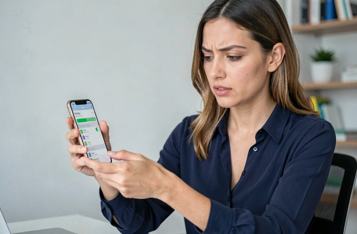 Femme vérifiant la consommation de batterie de son smartphone dans les paramètres, bureau à domicile moderne