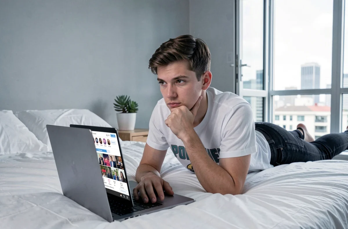 Personne consultant des profils Instagram en mode anonyme sur un ordinateur portable dans une chambre
