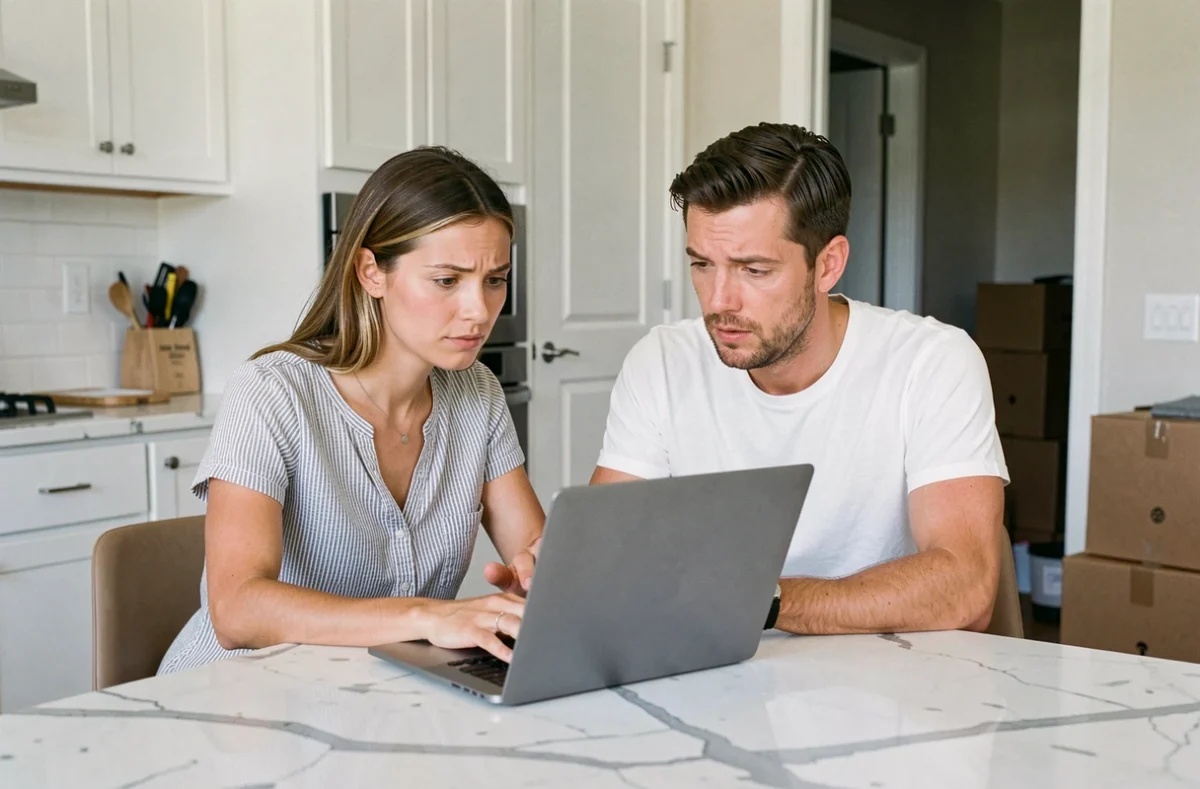 Couple consultant un compte administratif en ligne sur un ordinateur portable dans une cuisine avec des cartons de déménagement
