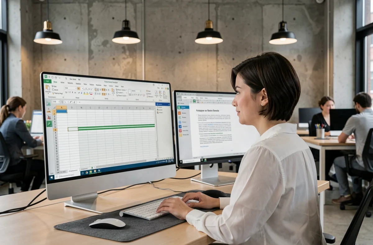 Jeune professionnelle en espace coworking avec deux écrans affichant un tableur Excel avec volets figés