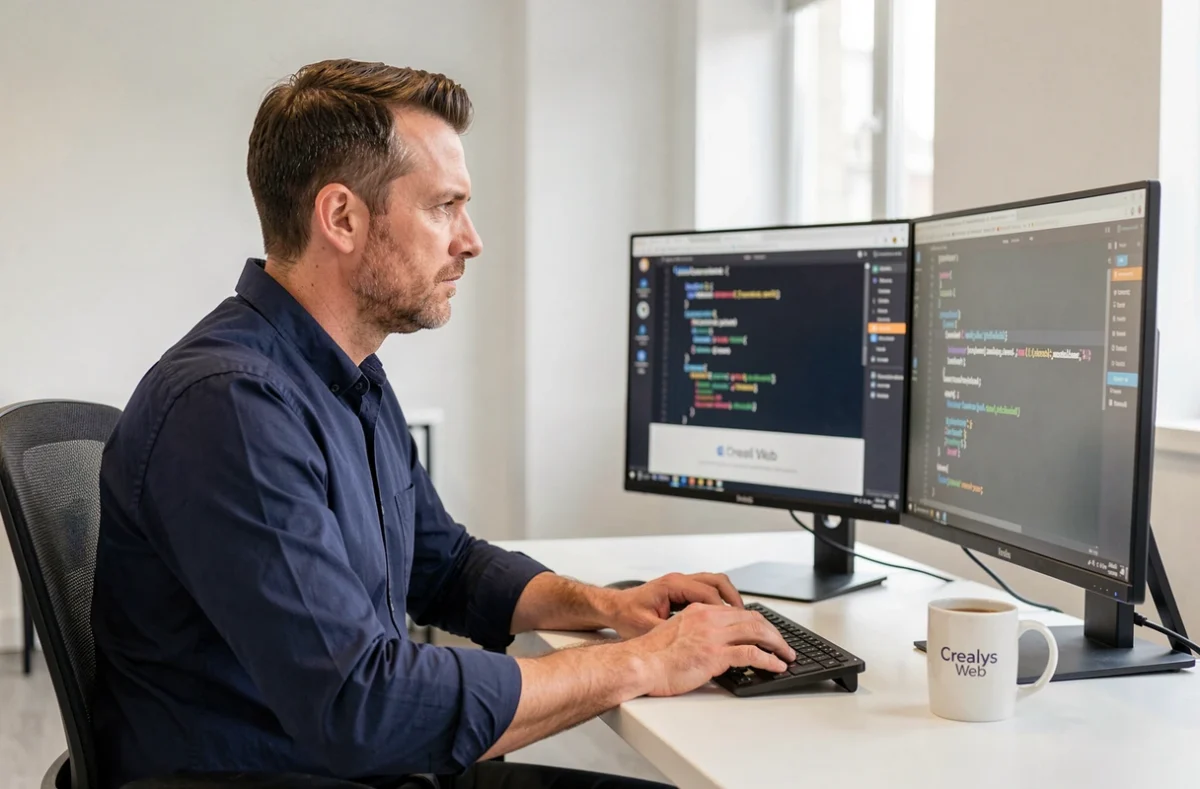 Développeur web de Crealys Web concentré devant ses écrans affichant un site web moderne dans un bureau à l'Eure