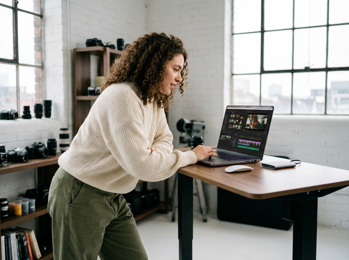 Jeune créatif utilisant un MacBook Pro dans un studio artistique avec mur de briques blanches