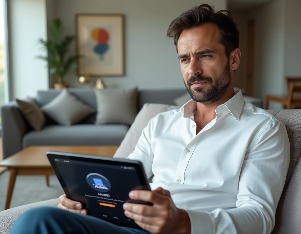Homme utilisant une application VPN sur tablette pour débloquer l'accès à un site web