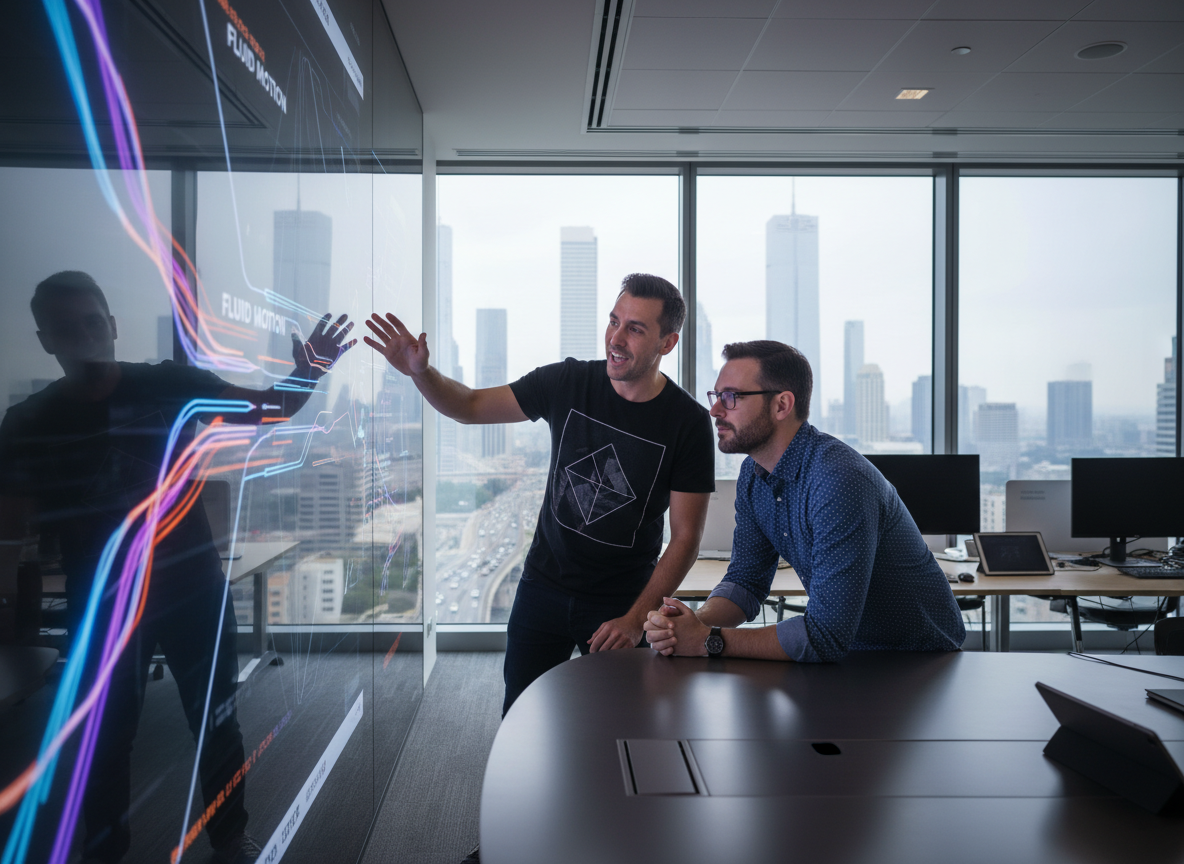 Deux designers motion discutant devant un écran en bureau moderne