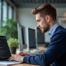 Jeune homme en informatique tapant sur un ordinateur portable