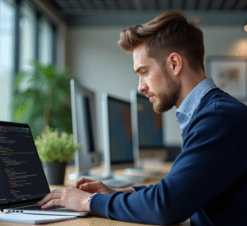 Jeune homme en informatique tapant sur un ordinateur portable