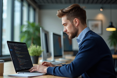 Jeune homme en informatique tapant sur un ordinateur portable