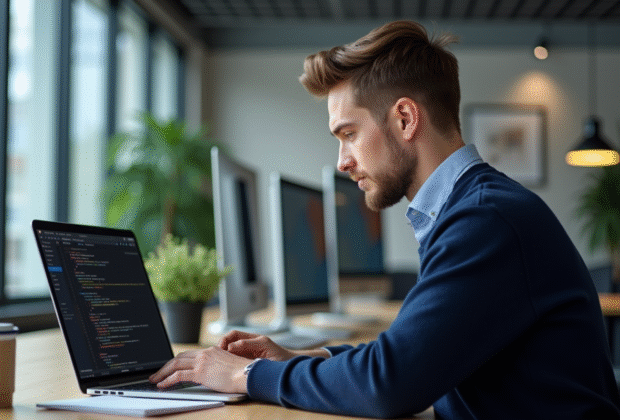 Jeune homme en informatique tapant sur un ordinateur portable