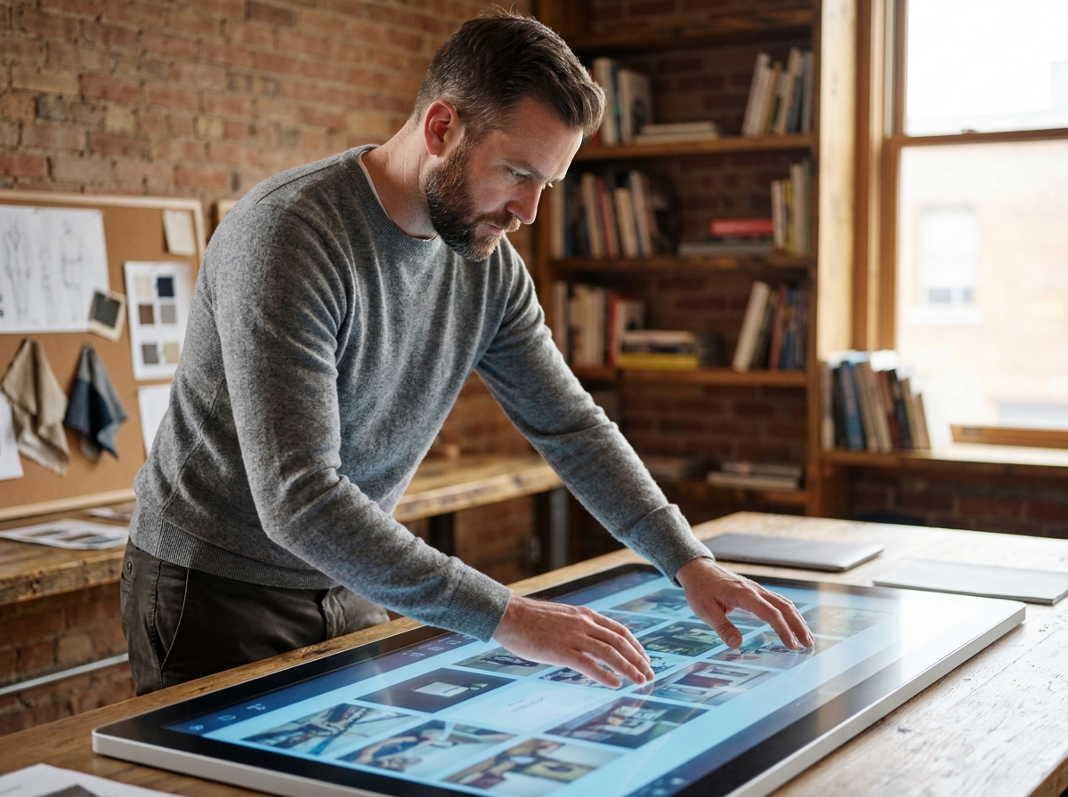 Directeur créatif organisant des fichiers numériques sur une table tactile interactive dans un studio de design