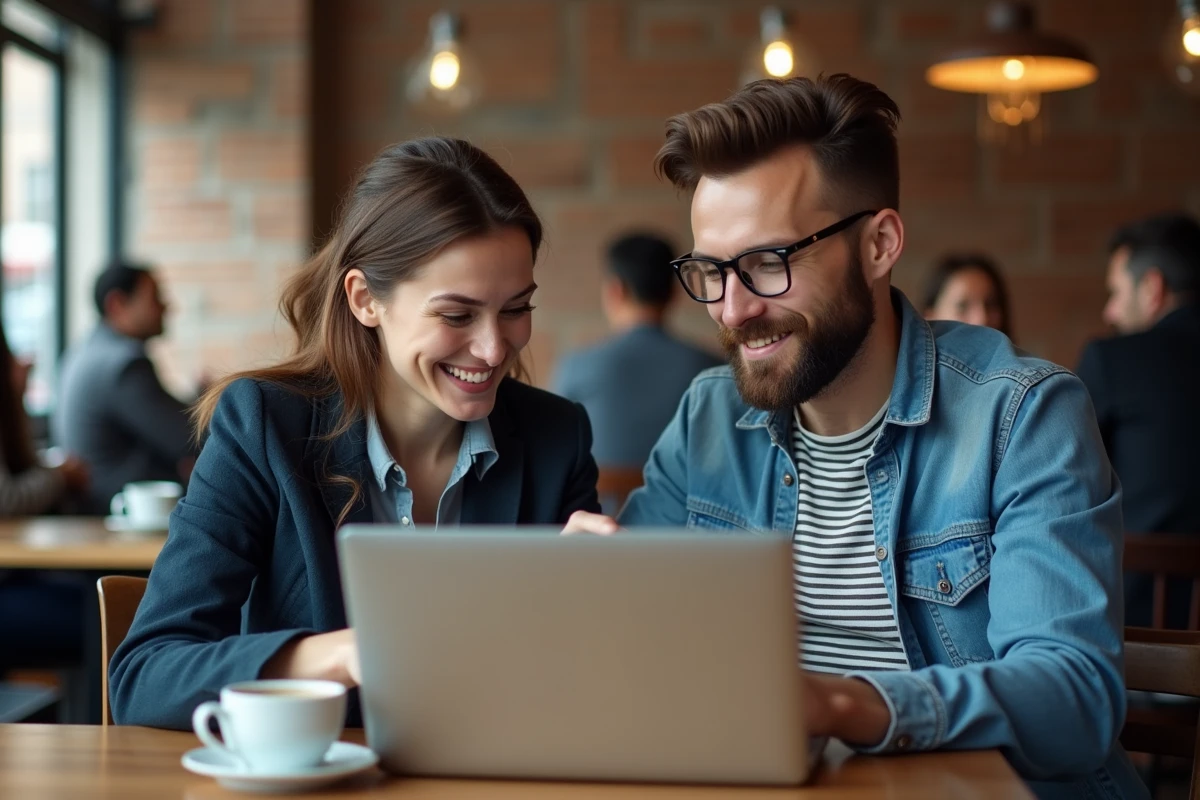 Deux adultes dans un café regardant une conversation Discord avec du texte en italique sur un ordinateur portable