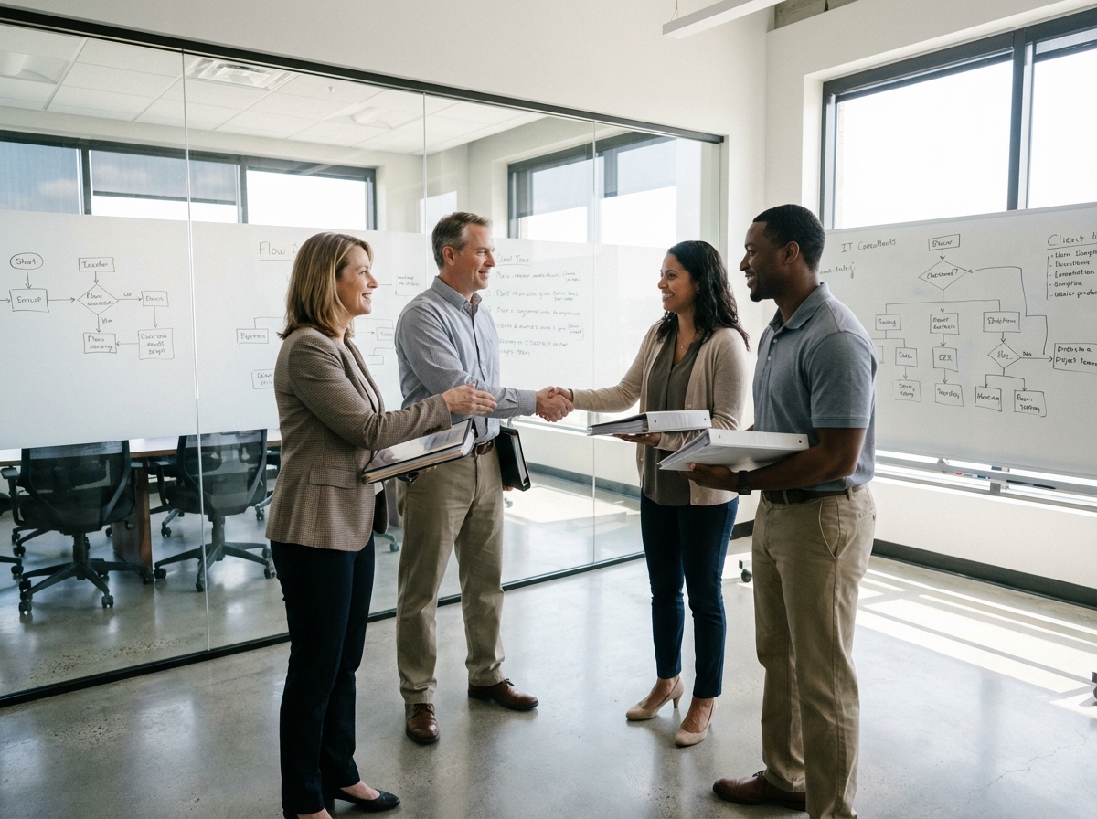 Consultants IT échangeant des dossiers avec des clients dans un espace moderne
