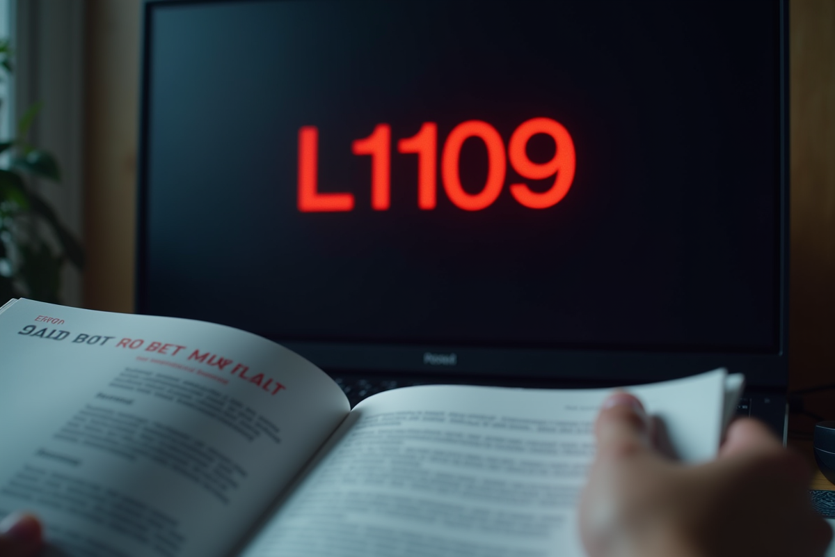 Gros plan sur un écran électronique affichant erreur L1109 avec manuel en main