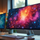 Moniteur moderne affichant un bureau coloré en 1080p