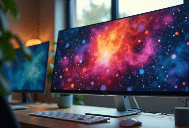 Moniteur moderne affichant un bureau coloré en 1080p