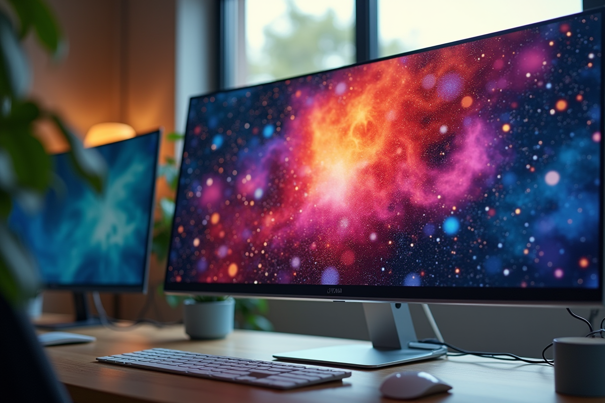 Moniteur moderne affichant un bureau coloré en 1080p