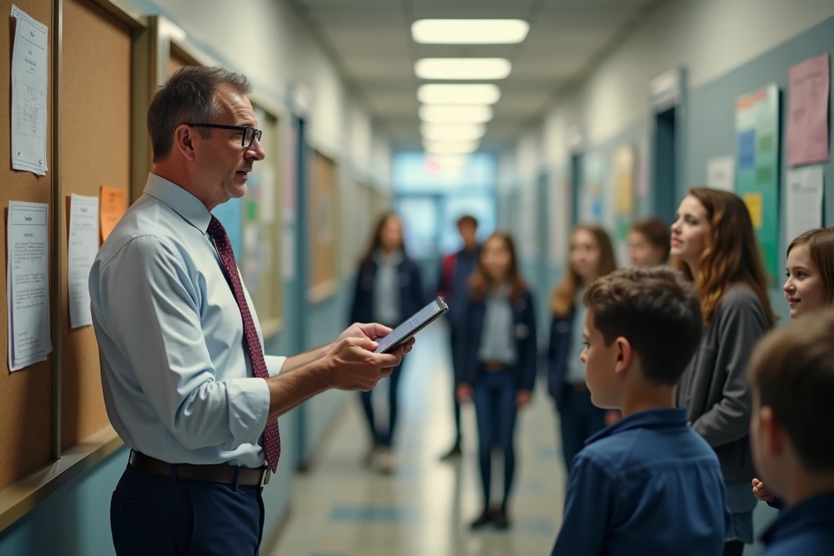 Enseignant expliquant avec une tablette devant des élèves dans un couloir scolaire