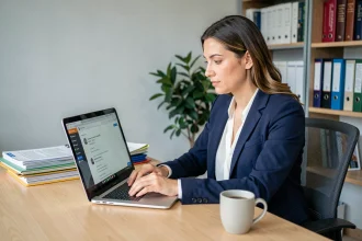 Enseignante découvrant l'interface webmail de l'académie de Versailles sur son ordinateur portable dans un bureau administratif