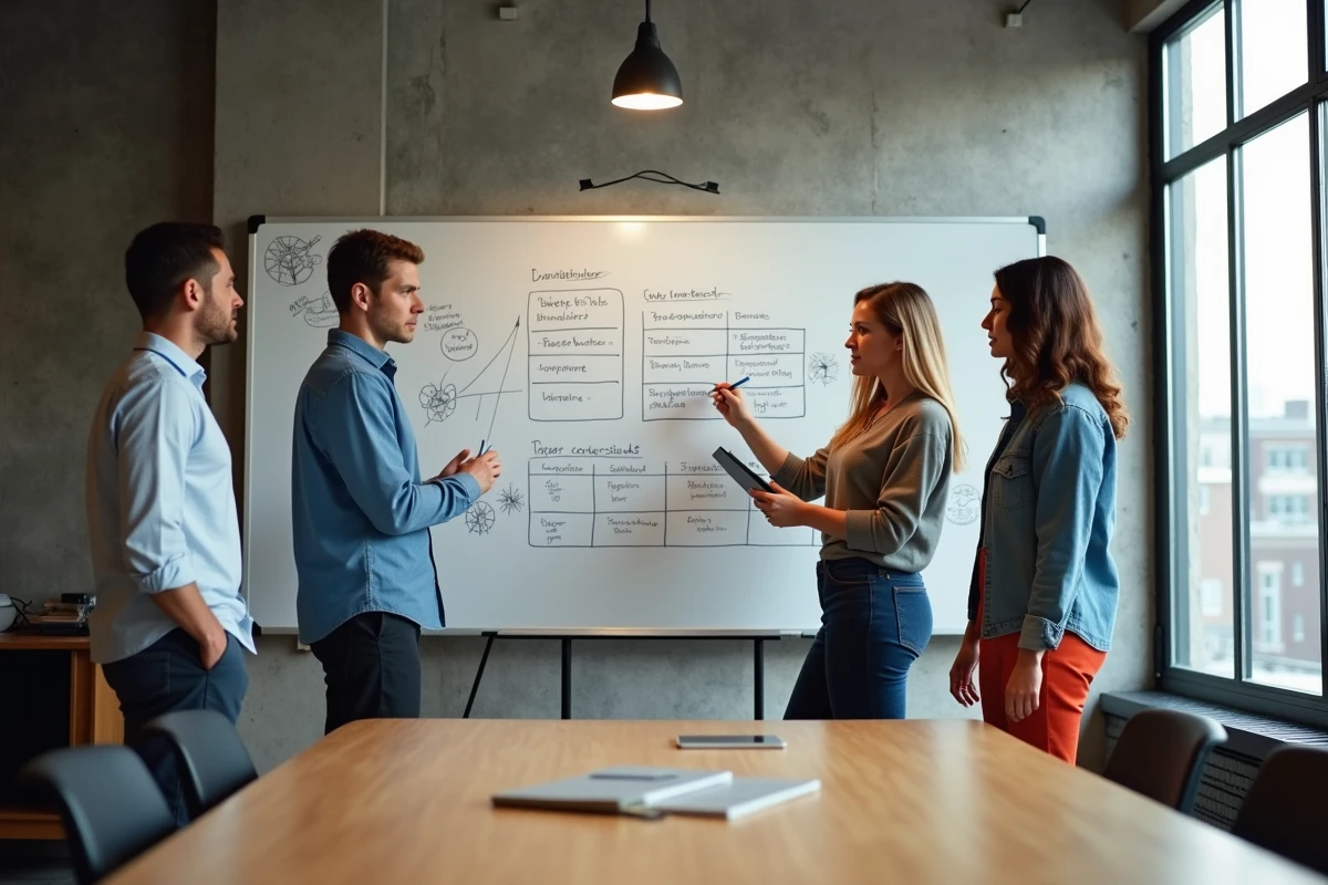 Équipe marketing analysant et comparant des solutions d'intelligence artificielle concurrentes lors d'une réunion