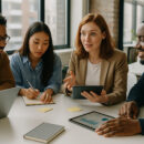Groupe de professionnels du marketing en réunion dans un bureau lumineux
