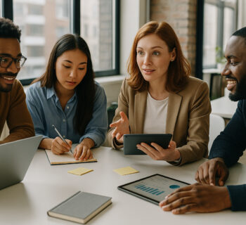 Groupe de professionnels du marketing en réunion dans un bureau lumineux