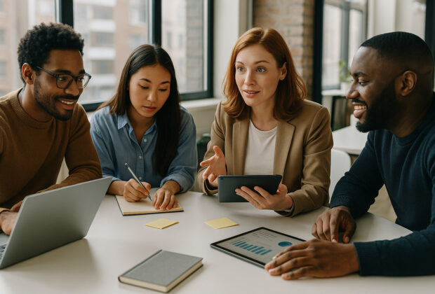 Groupe de professionnels du marketing en réunion dans un bureau lumineux