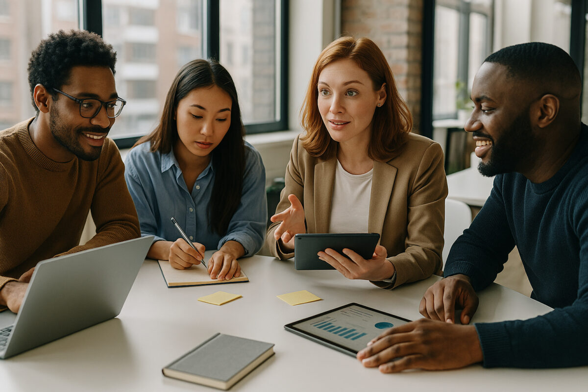 Groupe de professionnels du marketing en réunion dans un bureau lumineux