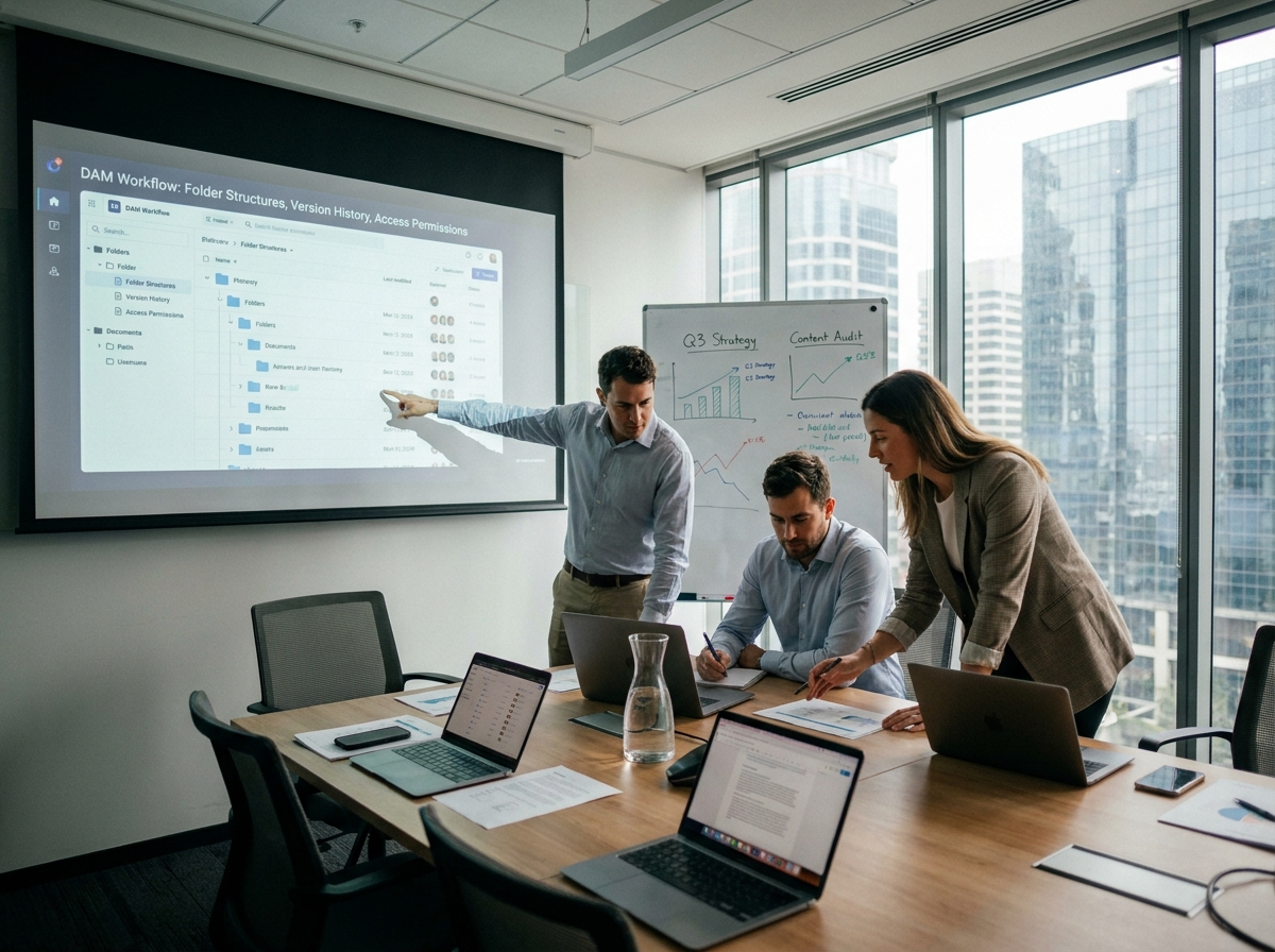 Équipe marketing en réunion analysant un workflow de gestion des actifs numériques projeté sur écran