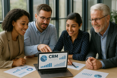 Groupe de professionnels discutant autour d'un bureau moderne