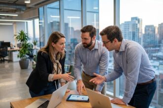 Groupe de trois professionnels en réunion dans un espace moderne