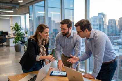 Groupe de trois professionnels en réunion dans un espace moderne