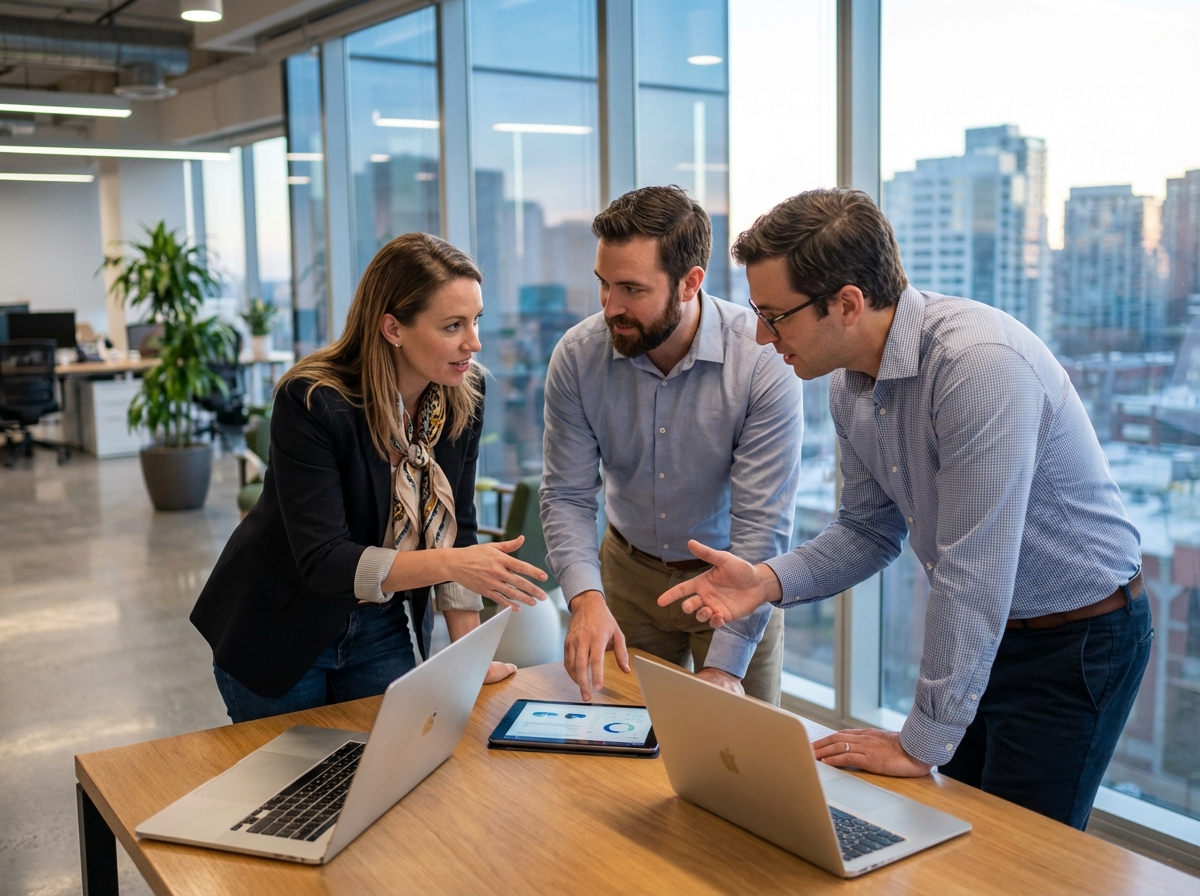 Groupe de trois professionnels en réunion dans un espace moderne