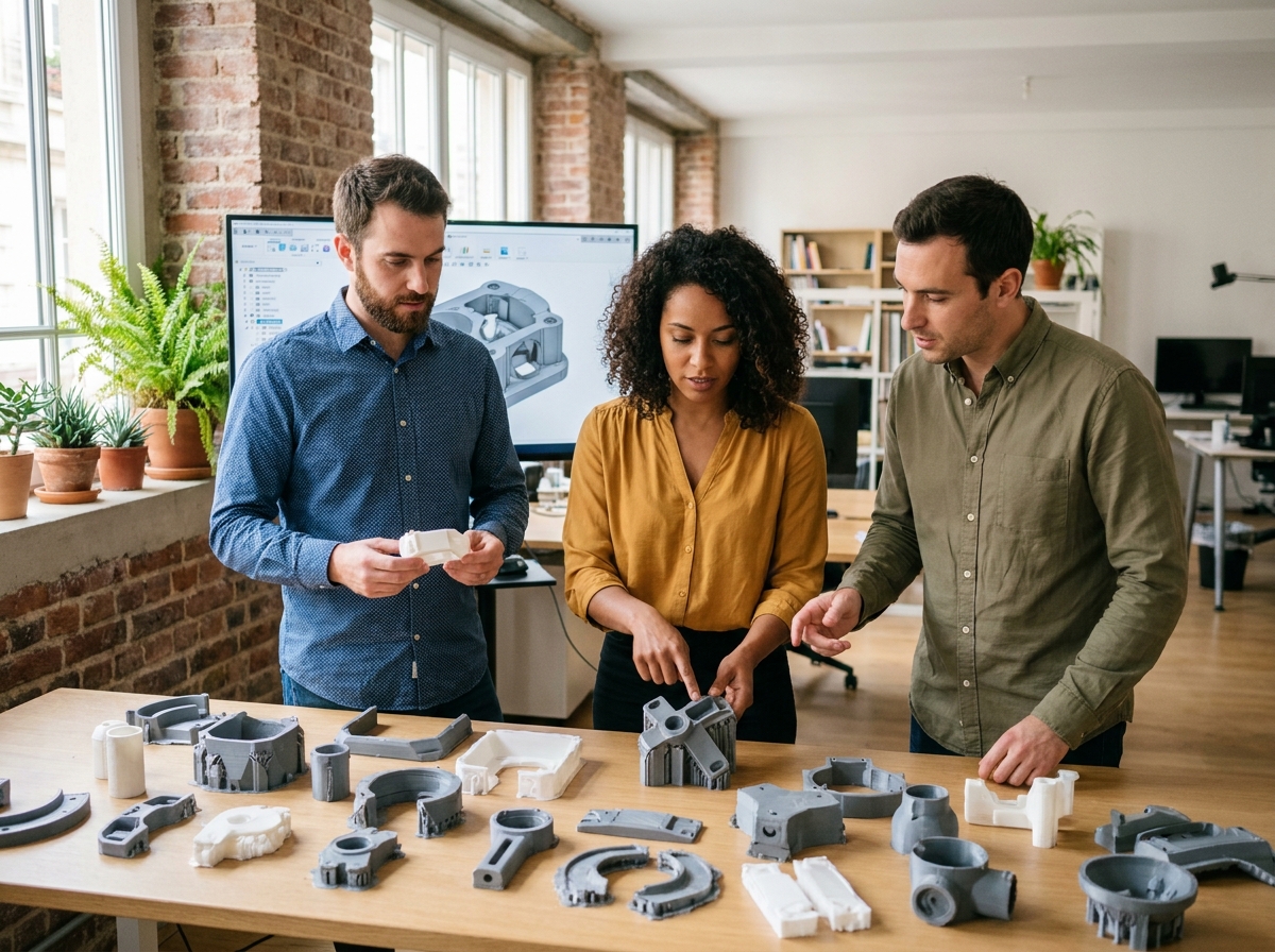 Équipe pluridisciplinaire comparant plusieurs itérations de prototypes imprimés en 3D lors d'une réunion à Paris