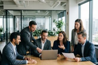 Groupe de collègues en réunion dans un bureau moderne