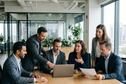 Groupe de collègues en réunion dans un bureau moderne