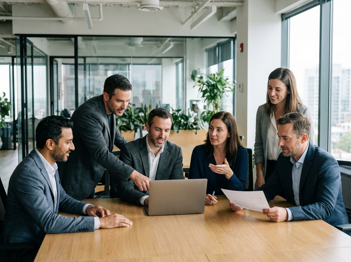 Groupe de collègues en réunion dans un bureau moderne