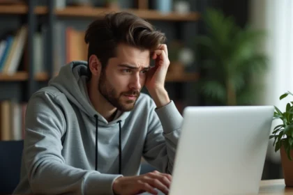 Jeune homme frustré devant un message d'erreur d'accès sur son ordinateur portable