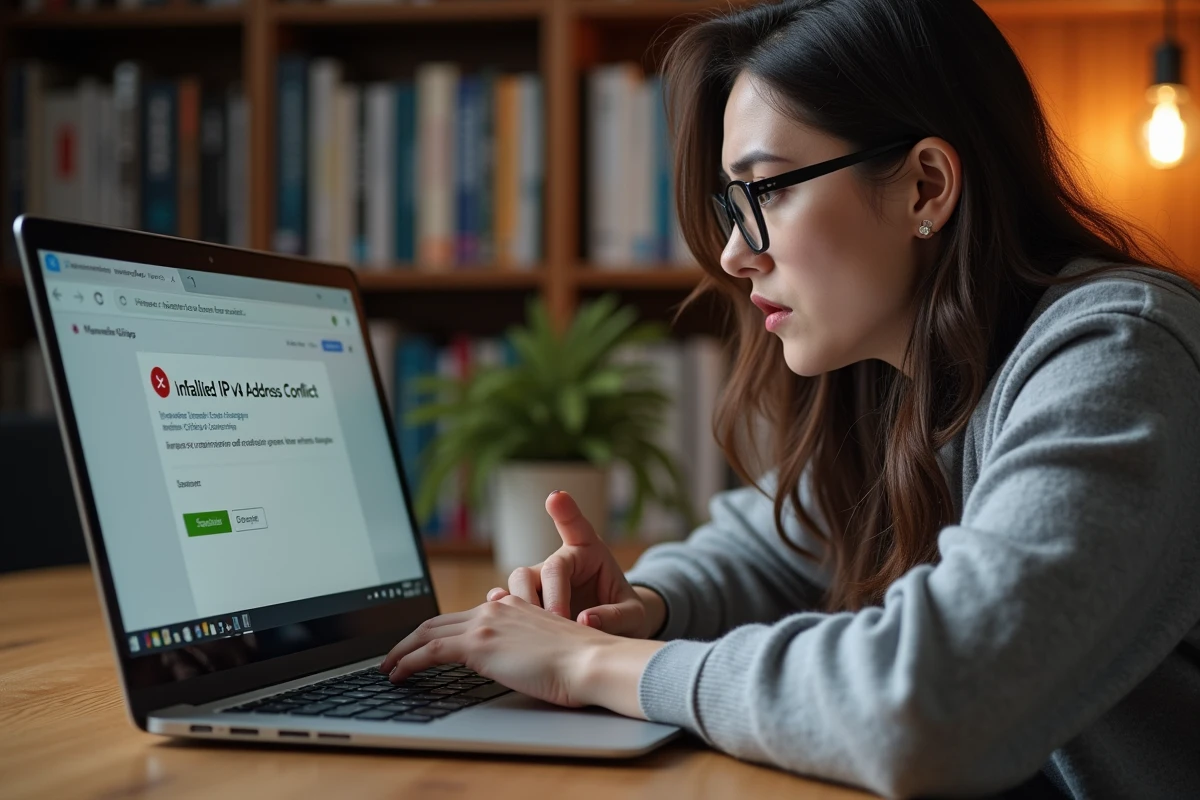 Femme frustrée face à une erreur de conflit d'adresse IPv4 sur son ordinateur portable en télétravail