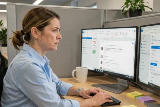 Femme utilisant Outlook sur ordinateur de bureau avec une erreur de synchronisation de messagerie INRAE