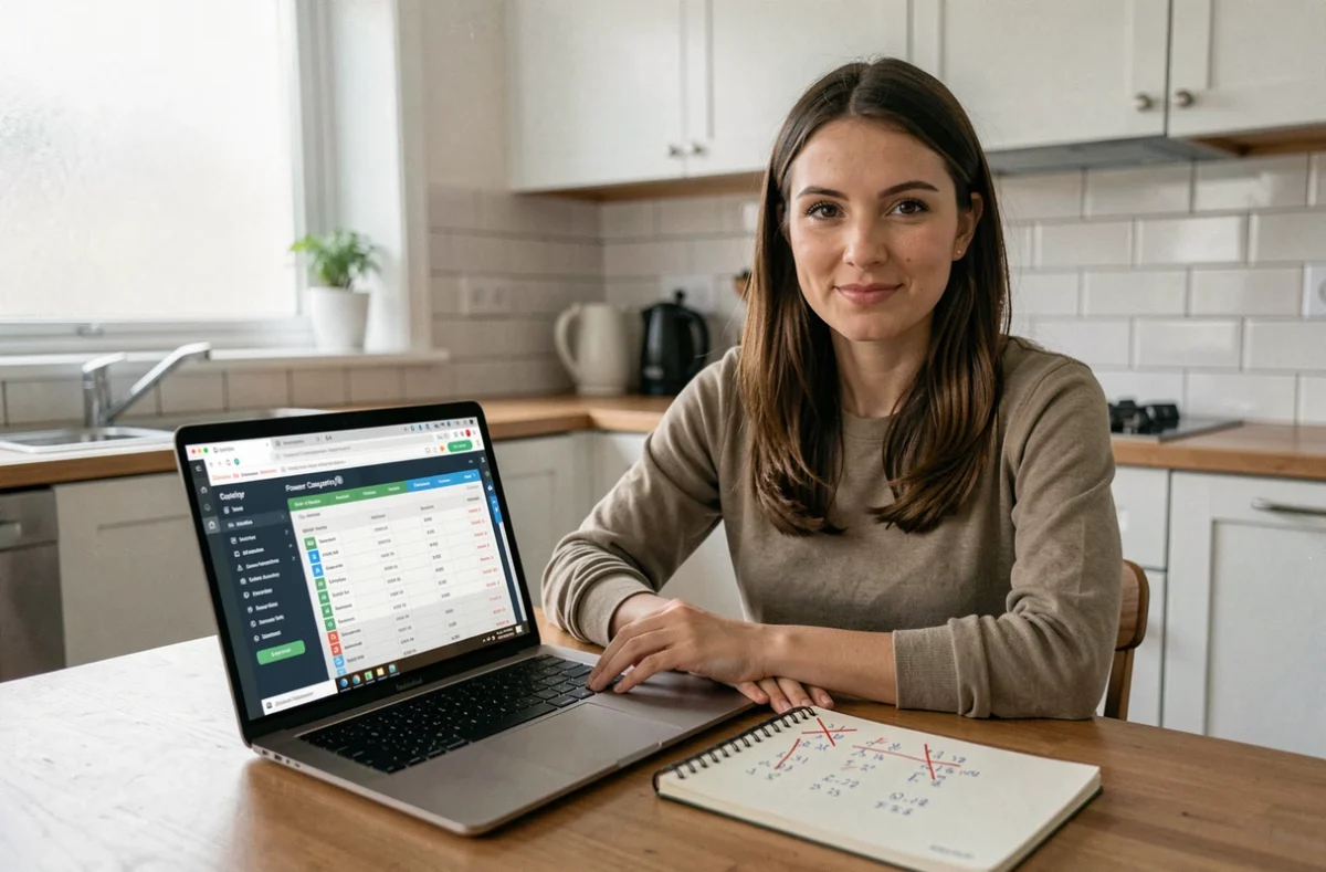 Femme corrigeant des erreurs de calcul dans une feuille d'estimation de consommation électrique pour configuration gaming sur son ordinateur portable