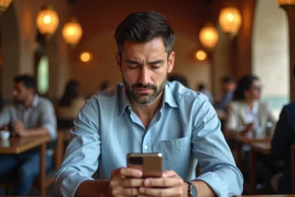Homme consultant les paramètres eSIM sur son iPhone dans un café marocain moderne